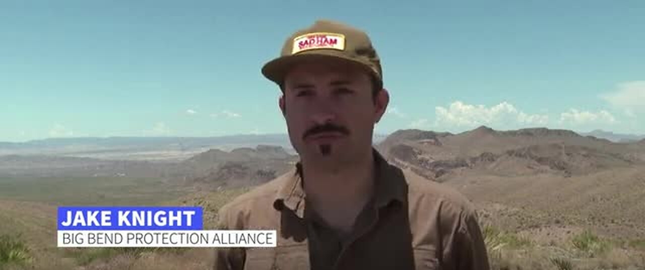 Jake Knight interviewed on camera by AFP News Agency in Big Bend National Park, identified on screen as Jake Knight, Big Bend Protection Alliance